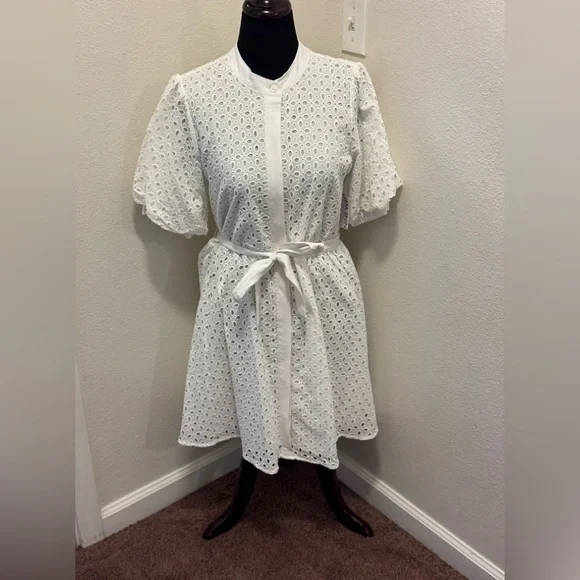 Nine West White Belted Puff Sleeve Eyelet Dress Fit Flare Cottagecore M NEW - Picture 2 of 9